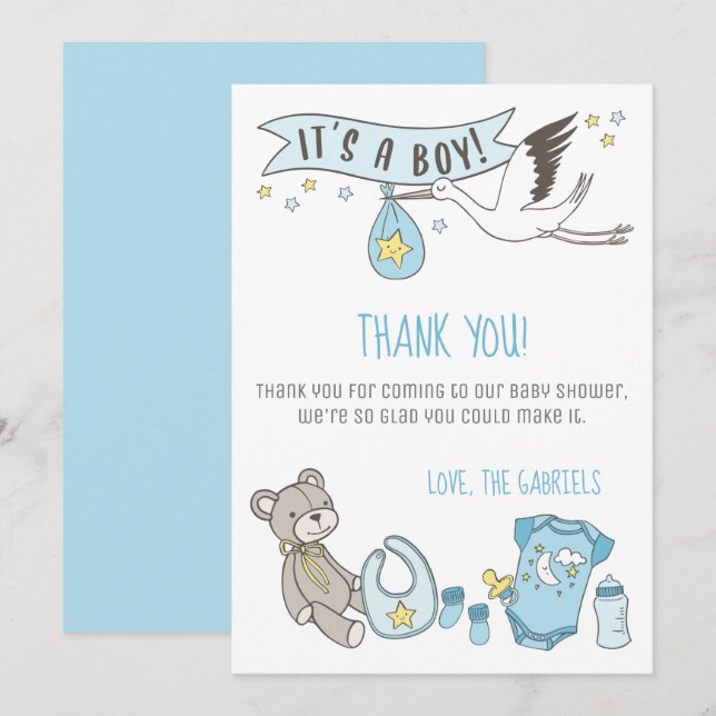 Carte De Remerciements Bleu personnalisable C'est un Baby shower Bo (Devant / Derrière)