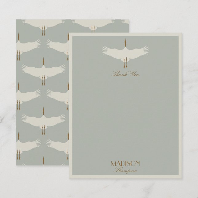 Carte De Remerciements Bleu Poussiéreux Neutre Oiseaux Cygnes Art Déco Mo (Devant / Derrière)