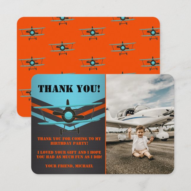 Carte De Remerciements Bleu, Rouge, Avion Photo Anniversaire (Devant / Derrière)