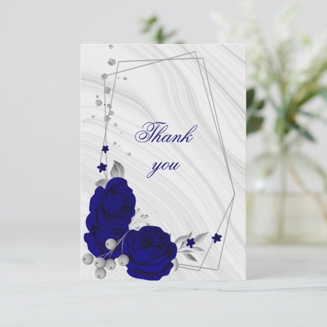 Carte De Remerciements bleu royal gris gris floral géométrique (Debout devant)