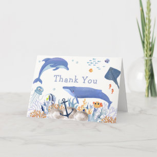 Carte De Remerciements Bleu Rustique Océan Dolphin Whale Boy Baby shower