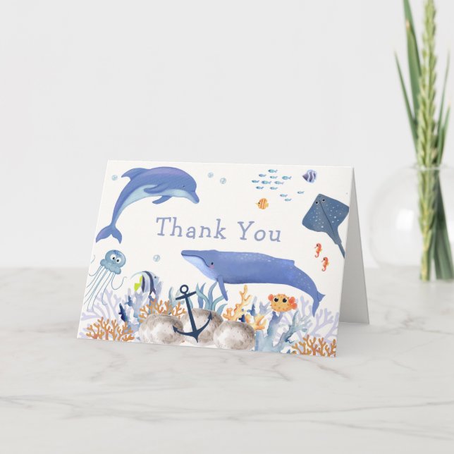 Carte De Remerciements Bleu Rustique Océan Dolphin Whale Boy Baby shower (Devant)