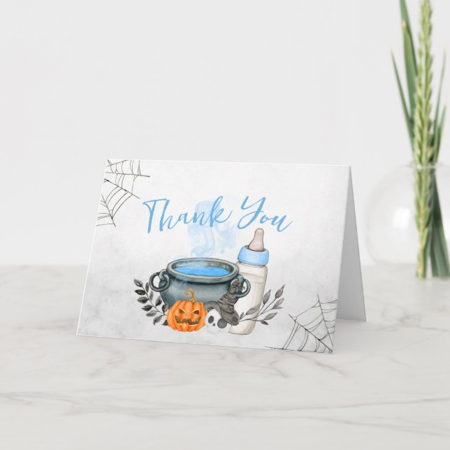 Carte De Remerciements Bleu Un bébé brasse le Baby shower d'Halloween (Devant)