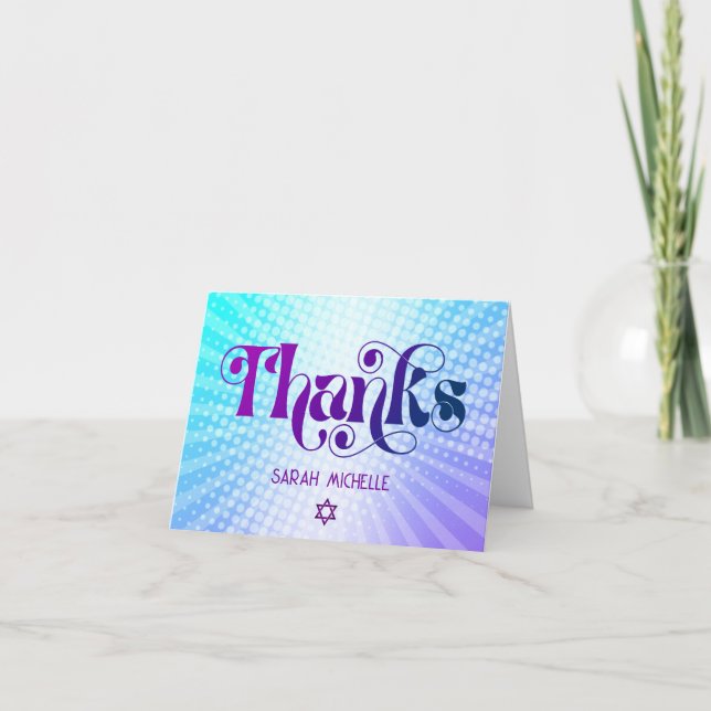 Carte De Remerciements Bleu violet Bat mitzvah Gras Retro Boho (Devant)