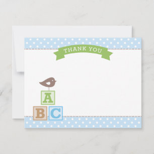 Carte De Remerciements Blocs ABC Bleu et Vert Oiseau Bébé Garçon