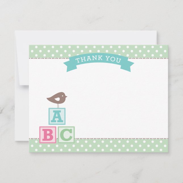 Carte De Remerciements Blocs ABC verts de la menthe | Baby shower (Devant)
