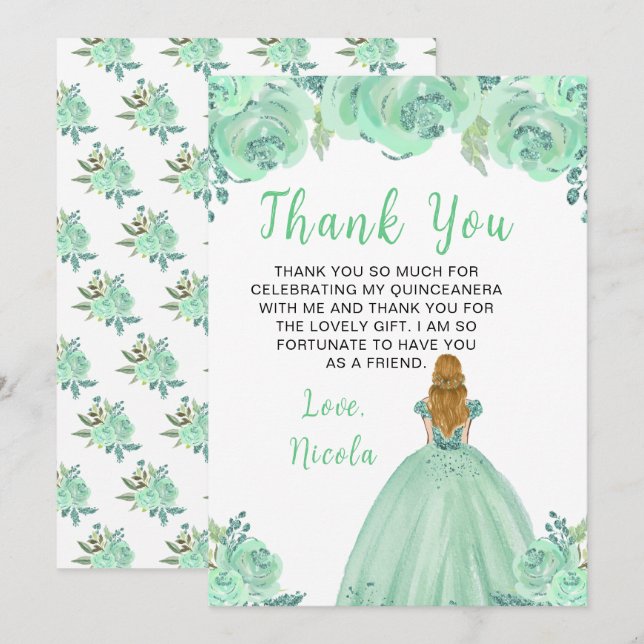Carte De Remerciements Blonde Hair Princess Mint Floral Quinceanera (Devant / Derrière)