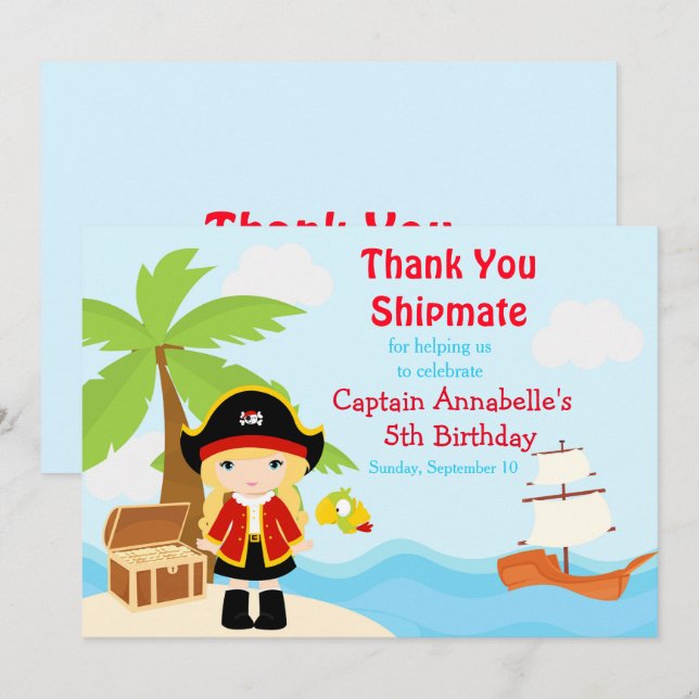 Carte De Remerciements Blonde mignonne fille pirate à la fête d'anniversa (Devant / Derrière)