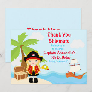 Carte De Remerciements Blonde mignonne fille pirate à la fête d'anniversa