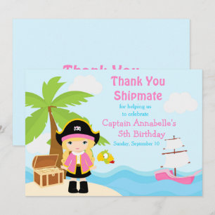 Carte De Remerciements Blonde mignonne fille Pirate en rose fête d'annive