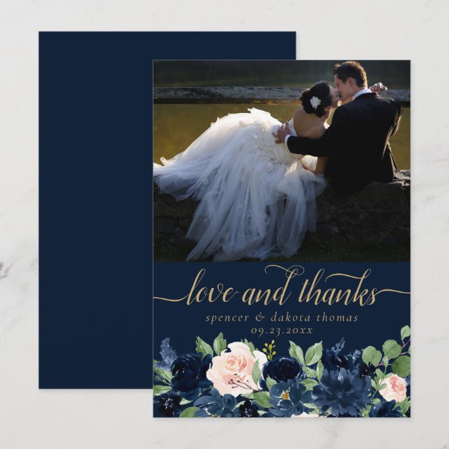Carte De Remerciements Blooms Chics | Dark Navy Blush Pink Photo Love et (Devant / Derrière)