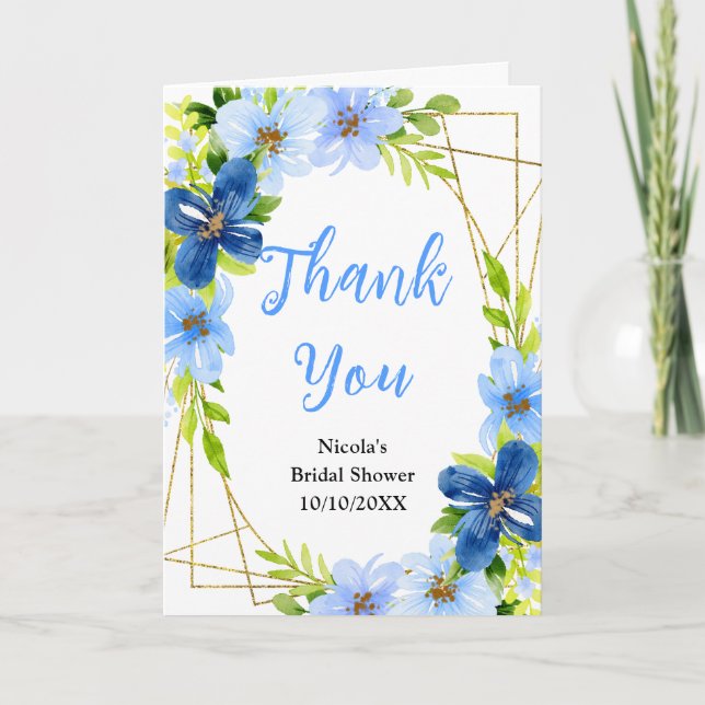 Carte De Remerciements Blue and Navy Flowers with Foliage Bridal Shower (Devant)