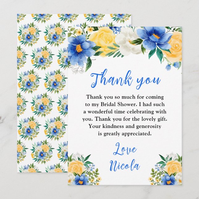 Carte De Remerciements Blue and Yellow Floral Bridal Shower (Devant / Derrière)