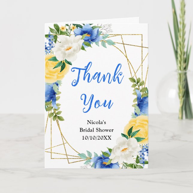 Carte De Remerciements Blue and Yellow Floral Bridal Shower (Devant)