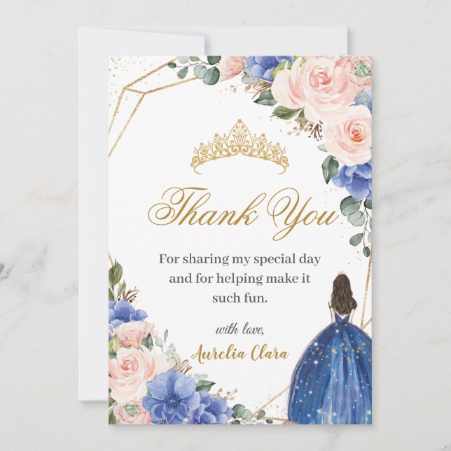Carte De Remerciements Blue Blush Floral Princess Tiara Quinceañera 15e (Devant)