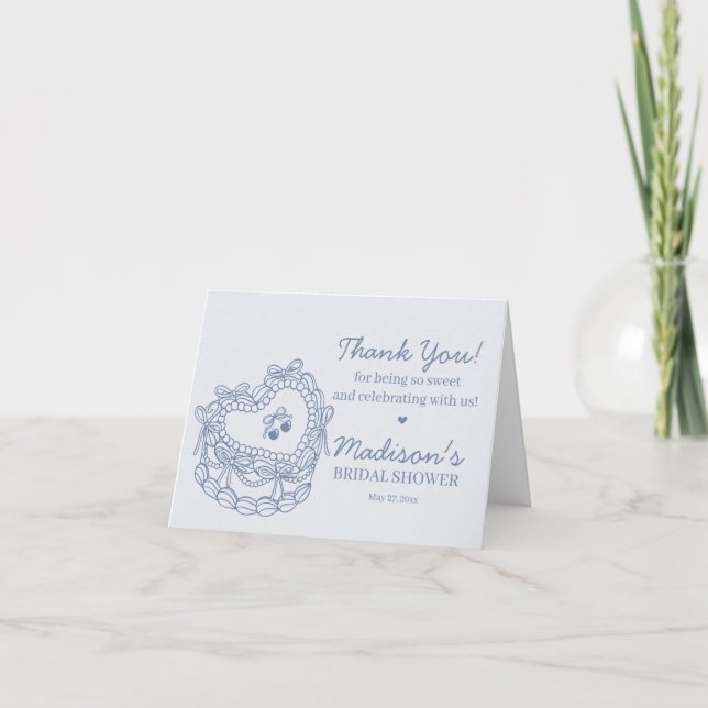 Carte De Remerciements Blue Bow Retro Coquette Fête des mariées de gâteau (Devant)