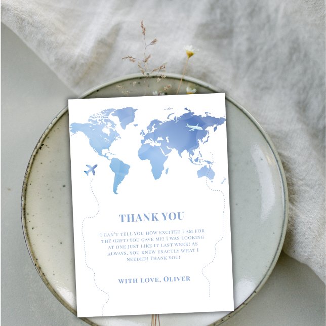 Carte De Remerciements Blue Boy World Map Voyager Baby shower aventure (Blue Boy World Map Travel Adventure Baby Shower Thank You Card)