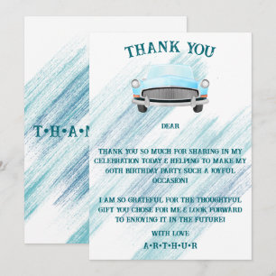 Carte De Remerciements Blue Classic Retro Voiture Aquarelle Vintage
