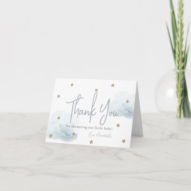 Carte De Remerciements Blue Clouds & Gold Stars Baby shower Aquarelle (Devant)