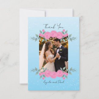 Carte De Remerciements Blue Custom Photo Wedding Thank You Card Flat