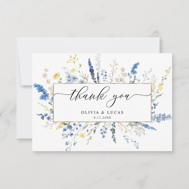 Carte De Remerciements Blue Dainty Fleurs sauvages Gold Frame Rustique Ma (Devant)