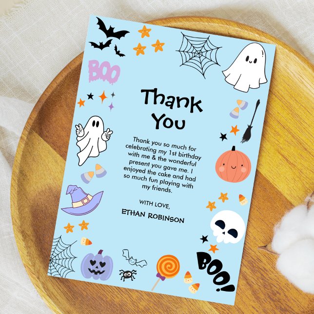 Carte De Remerciements Blue Éffrayant One mignonne Fantôme Halloween 1er  (Blue Spooky One Cute Ghost Boy Halloween 1st Birthday Thank You Card   )