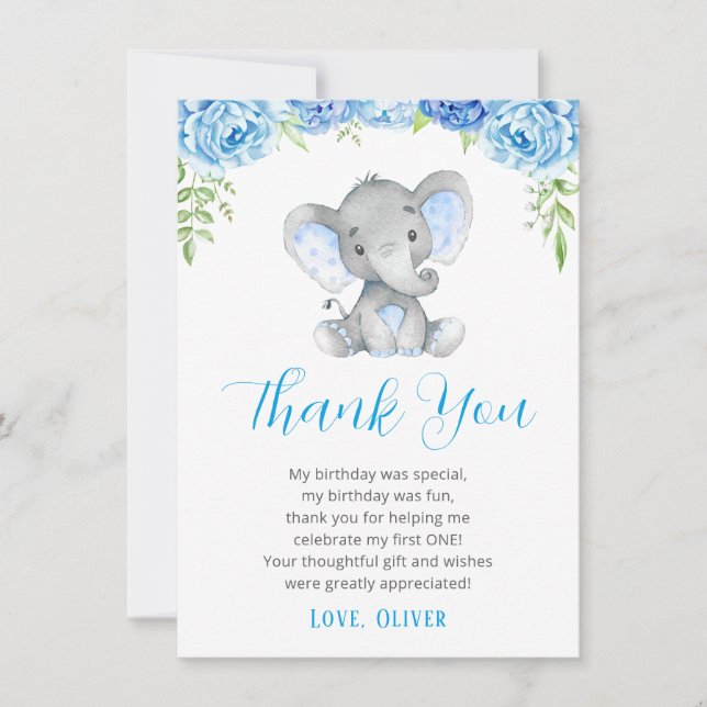 Carte De Remerciements Blue Elephant Boy 1er Anniversaire Little Peanut (Devant)