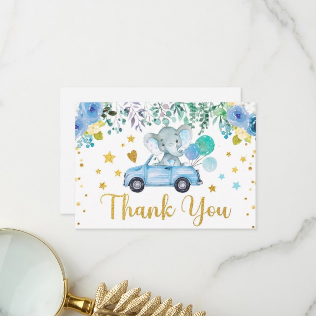 Carte De Remerciements Blue Elephant Drive Through Baby shower Car (Devant/Arrière en situation)