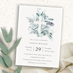 Carte De Remerciements Blue Eucalyptus Fern Foliage Croix Baptême Invitat