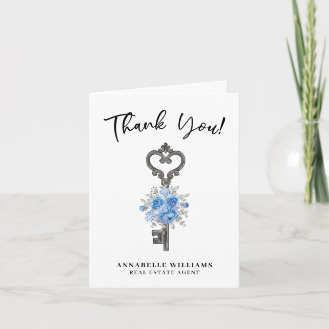 Carte De Remerciements Blue Floral Aquarelle Clé Agent immobilier (Devant)