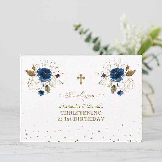 Carte De Remerciements Blue Floral Boys Twins 1er anniversaire Christenin (Debout devant)