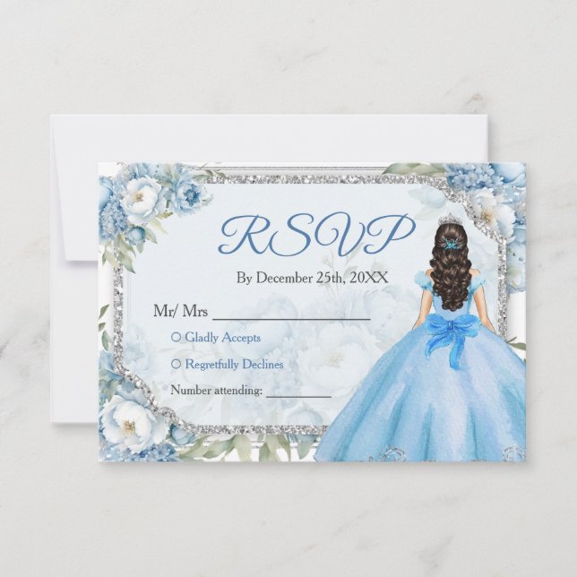 Carte De Remerciements Blue Floral Couronne argent Quinceañera Rsvp (Devant)