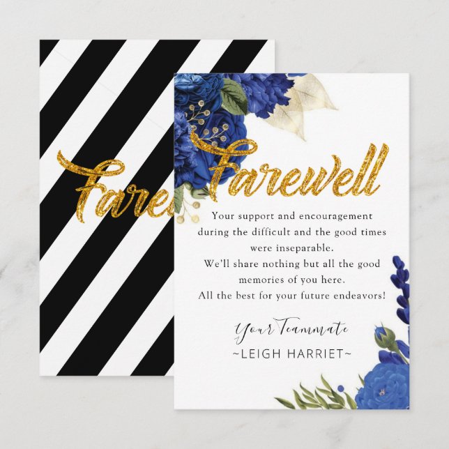 Carte De Remerciements Blue Floral Elegant Lever Coworker fiche d'adieu (Devant / Derrière)