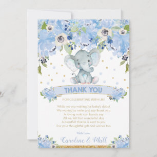 Carte De Remerciements Blue Floral Elephant Baby shower garçon