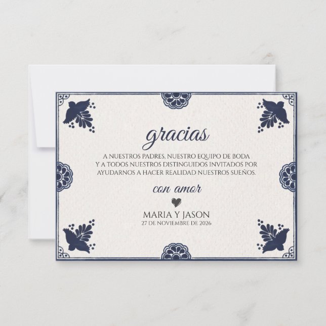 Carte De Remerciements Blue Floral Otomi Simple Fiesta Spanish Wedding (Devant)
