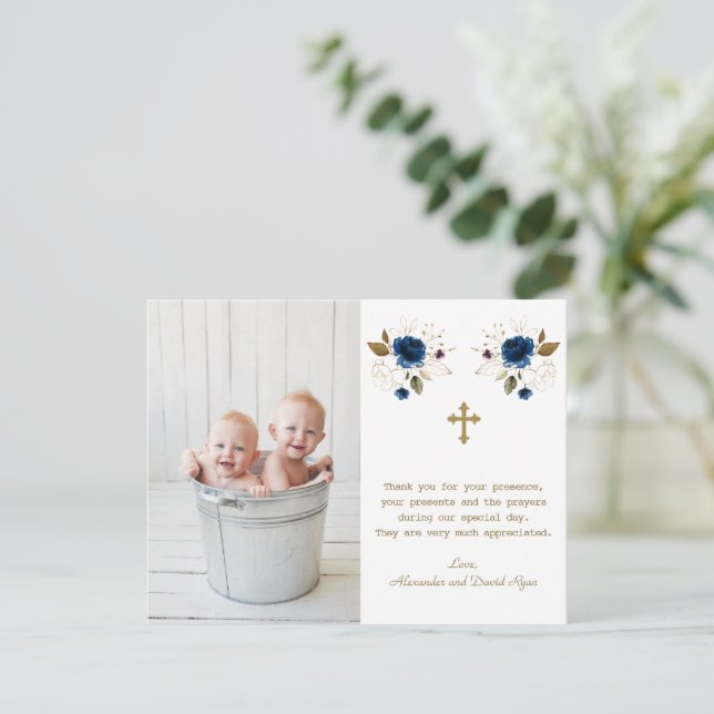 Carte De Remerciements Blue Floral Photo Boys Twins Gold Cross Baptême (Debout devant)