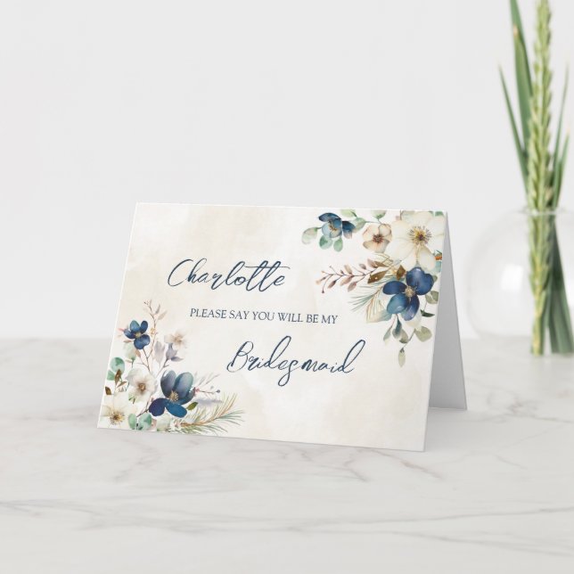 Carte De Remerciements Blue Floral Wedding Bridesmaid Proposal Card (Devant)