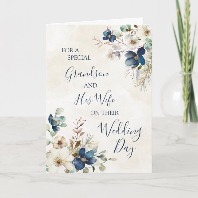 Carte De Remerciements Blue Floral Wedding Day Grandson and Wife card (Devant)