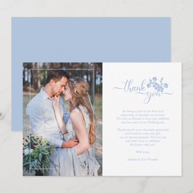 Carte De Remerciements Blue Floral Wreath Photo Card Wedding Couple (Devant / Derrière)