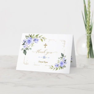 Carte De Remerciements Blue Flowers Gold Parties scintillant Cross Boy Ba