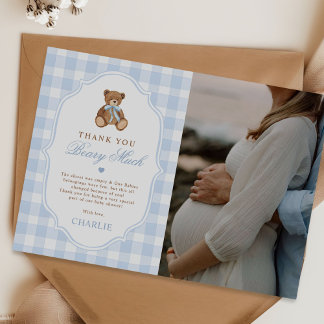 Carte De Remerciements Blue Gingham Elegant Teddy Bear Baby Shower Photo