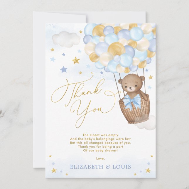 Carte De Remerciements Blue Gold Teddy Bear Hot Air Balloon Baby Boy (Devant)