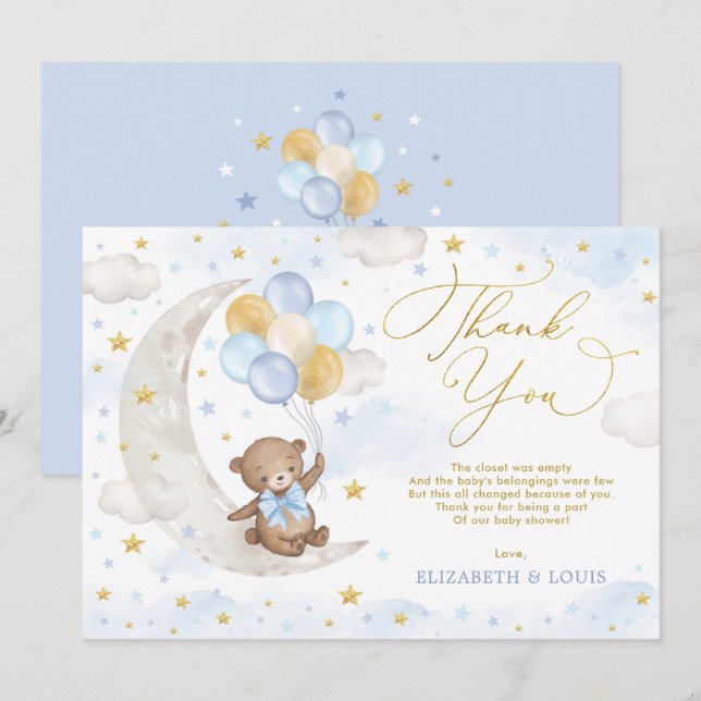 Carte De Remerciements Blue Gold Teddy Bear Lune Ballons Nuages Etoiles (Devant / Derrière)