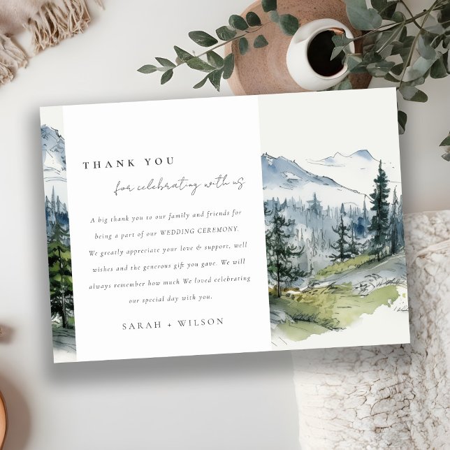 Carte De Remerciements Blue Green Woods Mountain Paysage Mariage de croqu (Créateur téléchargé)