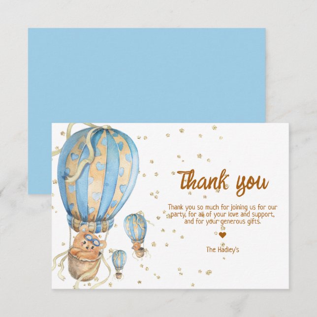 Carte De Remerciements Blue Hot Air Balloon Boho (Devant / Derrière)