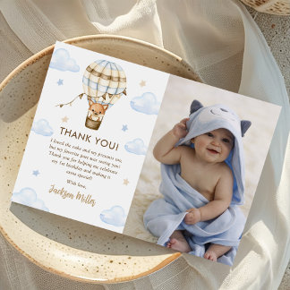 Carte De Remerciements Blue Hot Air Balloon Boy 1er Birthday Photo