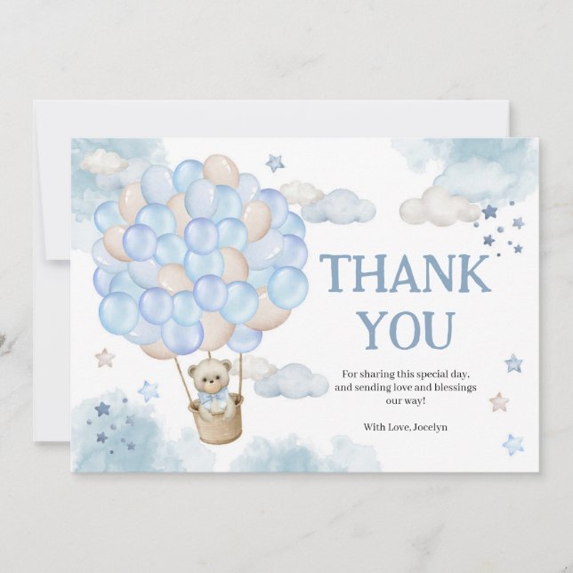 Carte De Remerciements Blue Hot Air Balloons Teddy Bear Baby shower (Devant)