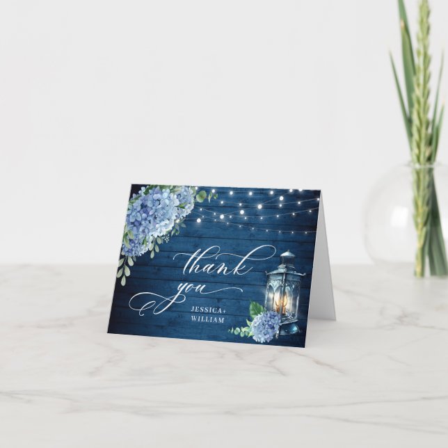 Carte De Remerciements Blue Hydrangea Floral Lanal Marine Mariage en bois (Devant)
