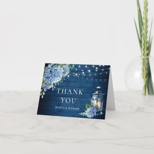 Carte De Remerciements Blue Hydrangea Floral Lanal Marine Mariage en bois (Devant)
