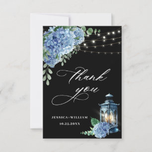 Carte De Remerciements Blue Hydrangea Floral Lanterne noir Boho Mariage
